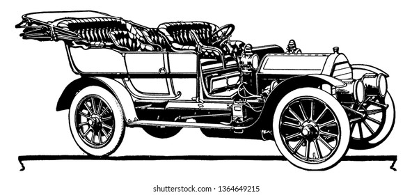 Great Arrow Touring Car in which four cylinder 40 45 horse power and seven passenger Great Arrow Touring Car, vintage line drawing or engraving illustration.
