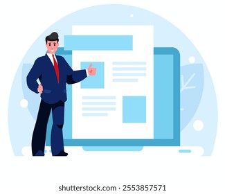 Great article. Standing businessman with thumb up dressed in a business suit. Blog articles creation. Blog page on laptop display. Vector graphics