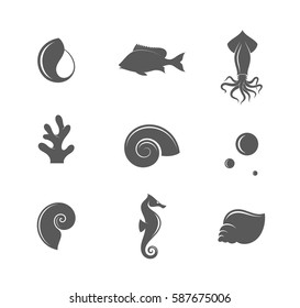 Great Barrier Reef. Icon set. Vector illustration EPS10. Sea creature sign. Isolated fish shell squid seahorse and coral