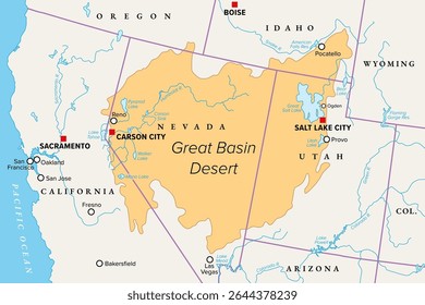 Great Basin Desert, in western United States, political map. Temperate desert with hot, dry summers and snowy winters, spanning large portions of Nevada and Utah, extending into California and Idaho. 