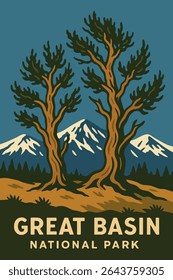 Great Basin National Park’s ancient Bristlecone Pines stand tall against a backdrop of snow-capped mountains, showcasing the stunning contrast of rugged trees and the high-elevation peaks. 
