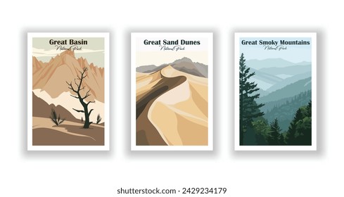 Great Basin, National Park. Great Sand Dunes, National Park. Great Smoky Mountains, National Park - Vintage travel poster. Vector illustration. High quality prints