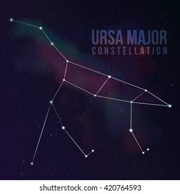 The Great Bear constellation. Star background with Big Dipper. Starry wallpaper. Illustration of Ursa Major constellation for your project. Stellar gas / nebula on background. Stock vector.