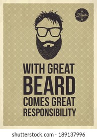 With great Beard comes great responsibility - Hipster quote and face look hand drawn illustration on the vintage background with repeating geometric tiles of rhombuses