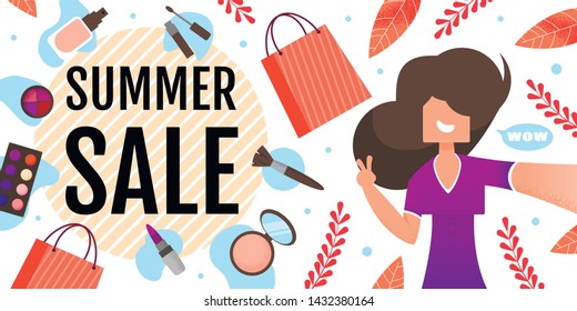 Great Beauty Summer Sales on Womens Cosmetics Flat Banner. Beautiful Fashion Young Girl Taking Selfie with Seasonal Discount Offer Text or after Use Care Products. Vector Advertising Flat Illustration