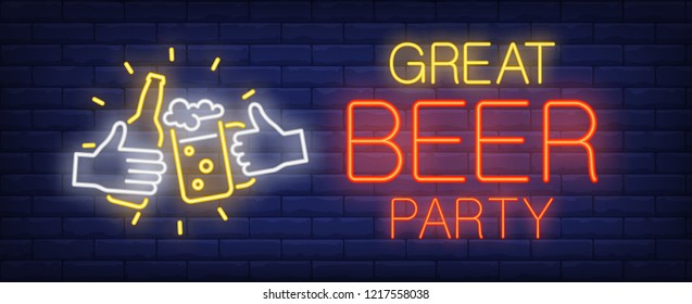 Great beer party neon sign. Glowing inscription with bottle and beer cup in human hands on dark blue brick background. Can be used for advertisement, parties, night clubs