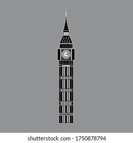 Great Bell Clock Tower in London, Great Britain. Black and white vector illustration. Big Ben.