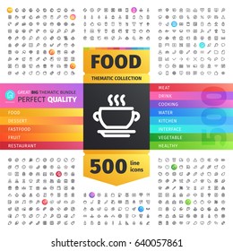 Great Big Thematic Bundle of 500 Food line icons suitable for web, infographics and apps. Isolated on white background. Clipping paths included.