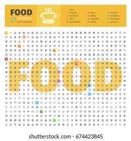 Grande pacote temático de 600 ícones da linha de alimentos adequados para web, infográficos e aplicativos. Coleção completa. Caminhos de recorte incluídos.