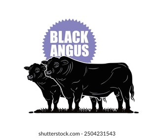 great black angus logo, silhouette of big cattle standing vector illustrations