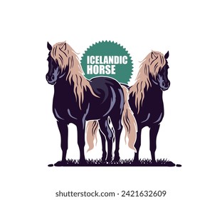 GREAT BLACK ICELANDIIC HORSE STANDING LOGO, silhouette of strong long hair mare vector illustrations