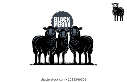 grande preto merino logotipo de ovelha, silhueta de carneiro feliz e saudável em pé ilustrações vetoriais