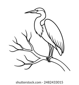Great blue heron bird sitting on tree branch vector line art illustration