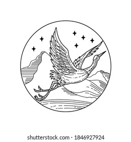 Great Blue Heron Flying Over Mountains With Stars Circle Mono Line Style Black and White