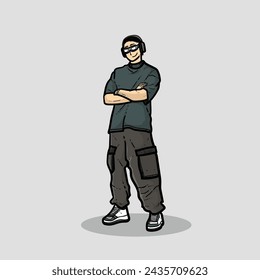 Great boy or man or guy with Headphone and eye glasses oversized tshirt shoes cool pose isolated on grey background vector modern illustrations