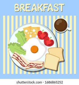 Great breakfast. Fried eggs with bacon, cheese, tomatoes and herbs. toasts and great coffee are a great start to the day. multicolor flat vector illustration