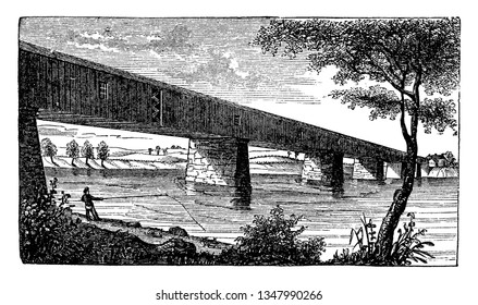Great Bridge at McConkey Ferry which was the name for Allston Brighton before it separated from Cambridge in 1807, vintage line drawing or engraving illustration.