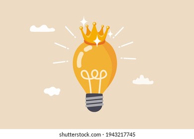 Great and brilliant idea, creative genius or winner idea for business development concept, glowing shiny lightbulb idea lamp wearing golden crown.