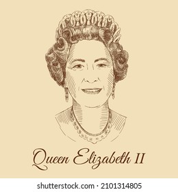 Great Britain, 2010s - Sketch portrait of Queen Elizabeth II from a banknote. Engraving portrait of the Queen of United Kingdom in the crown on a head. Vintage brown and beige card, hand-drawn, vector