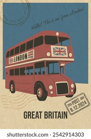 Great Britain Attraction Postcard, London Red Bus Illustration, Vector Template Retro Style Grußkarte mit Handschrift Wunsch. Postaufdruck, gereifte Papierstruktur