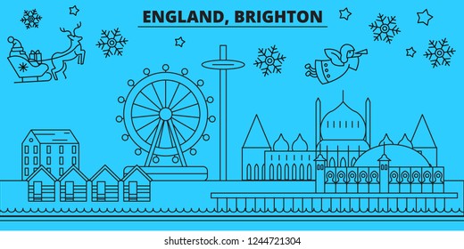 Great Britain, Brighton winter holidays skyline. Merry Christmas, Happy New Year decorated banner with Santa Claus.Great Britain, Brighton linear christmas city vector flat illustration