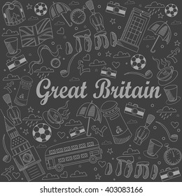 Great Britain chalk line art design vector illustration. Separate objects. Hand drawn doodle design elements.