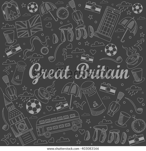 Great Britain\
chalk line art design vector illustration. Separate objects. Hand\
drawn doodle design\
elements.