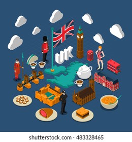 Great Britain concept composition with culture and travel symbols isometric isolated vector illustration 