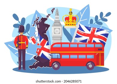 Great britain country research concept, world european london stereotype big ben, monarchy flat vector illustration, isolated on white.