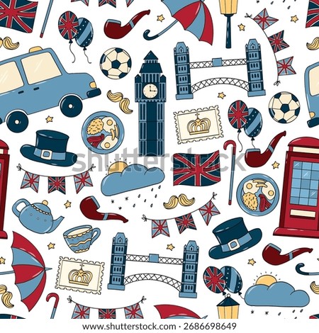 Great Britain doodles seamless pattern for wallpaper, wrapping paper, scrapbooking, stationery, etc. EPS 10