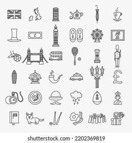 Juego de Iconos de Línea de Gran Bretaña e Inglaterra. Vector Thin Esboza Los Símbolos De Cultura De País De Europa.