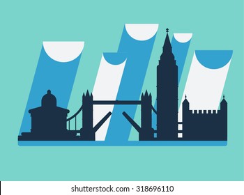 Great Britain. England. London panorama. Landscape with landmarks. Tower Bridge, Big Ben Clock, Tower, Trafalgar Square. Rainy weather