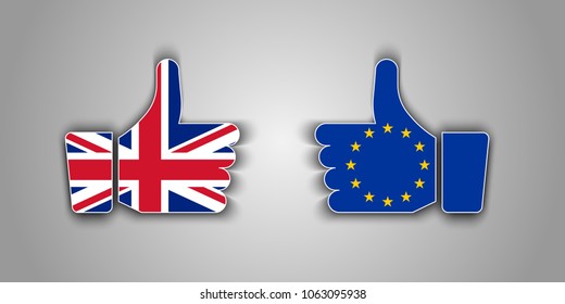 Great Britain and European Union flags thumbs up vector icons with shadow. Brexit or United Kingdom exit symbol