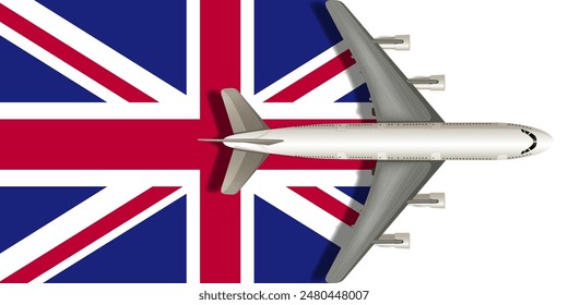 Gran Bretaña bandera con un avión volando sobre él de cerca. Vector Imagen.