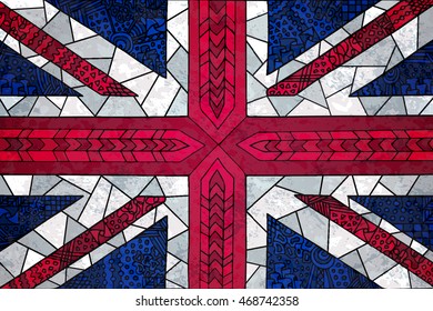 Great Britain flag background. Unusual zentangle grunge illustration. Vector english flag for web design or printed products.