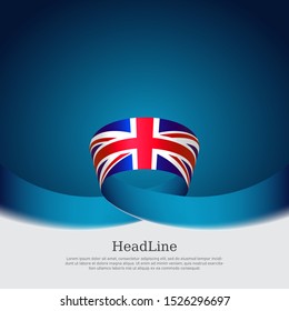 Great Britain flag background. Wavy ribbon color flag of great britain on a blue background. National poster of the united kingdom. United Kingdom state patriotic banner, flyer, cover. Vector design
