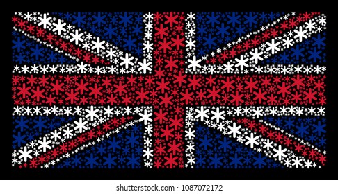 Great Britain Flag collage composed of snowflake elements on a dark background. Vector snowflake pictograms are united into conceptual UK flag illustration.