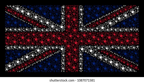 Great Britain Flag collage constructed of spider icons on a dark background. Vector spider pictograms are combined into conceptual British flag illustration.