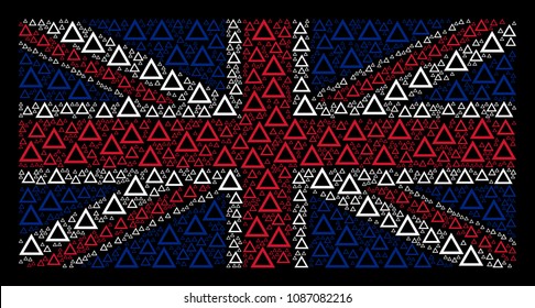 Great Britain Flag collage designed of contour triangle design elements on a dark background. Vector contour triangle items are composed into conceptual United Kingdom flag illustration.