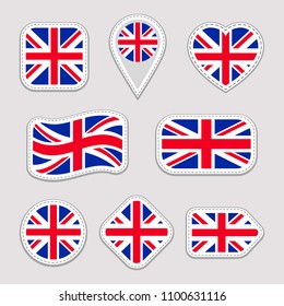 Great Britain flag collection. Vector The United Kingdom national flags stickers set. Traditional colors. Web, sports pages, travel,school, geographic, patriotic, english language design elements