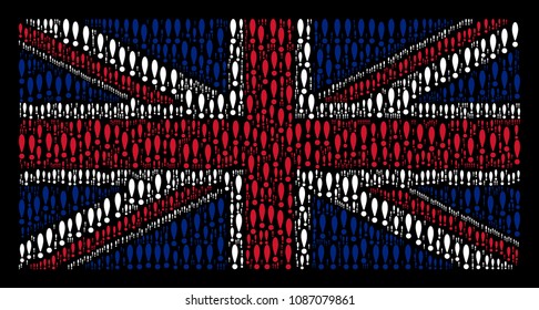 Great Britain Flag composition composed of exclamation sign elements on a dark background. Vector exclamation sign pictograms are composed into conceptual UK flag collage.