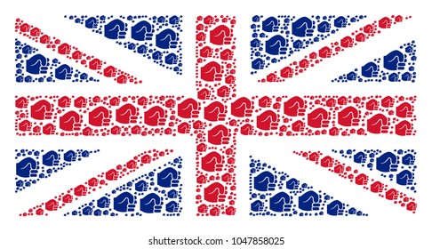 Great Britain Flag composition constructed of fist pictograms. Vector fist icons are organized into geometric United Kingdom flag pattern.