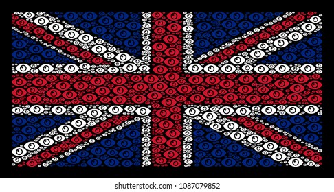Great Britain Flag composition created of eye design elements on a dark background. Vector eye elements are combined into conceptual Great Britain flag illustration.