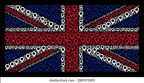 Great Britain Flag concept composed of map marker pictograms on a dark background. Vector map marker design elements are combined into geometric British flag pattern.