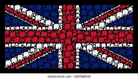 Great Britain Flag concept created of elephant pictograms on a dark background. Vector elephant items are combined into geometric Great Britain flag collage.