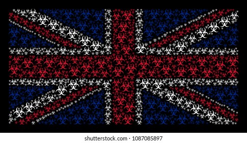Great Britain Flag concept made of biohazard elements on a dark background. Vector biohazard elements are organized into conceptual Great Britain flag composition.