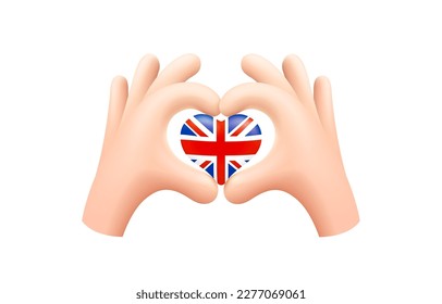 Bandera de Gran Bretaña en forma de corazón de mano. Reino Unido de Gran Bretaña e Irlanda del Norte. Concepto de la bandera nacional británica. Ilustración vectorial.