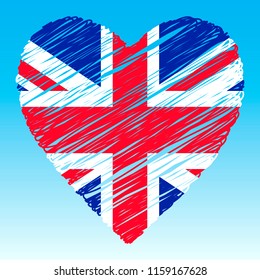 Great Britain flag, Heart shape, grunge style.