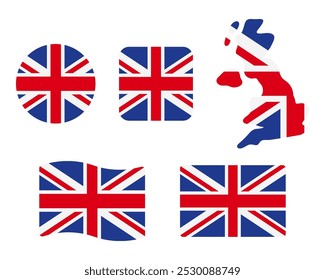 Conjunto de ilustración de bandera de Gran Bretaña. Símbolo de Londres. Signo en inglés. Ronda, cuadrado, ondulando el rectángulo y el Anuncio británico del Vector de la forma del mapa.