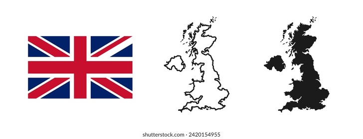 Great Britain flag and map silhouette linear and black illustration. Vector